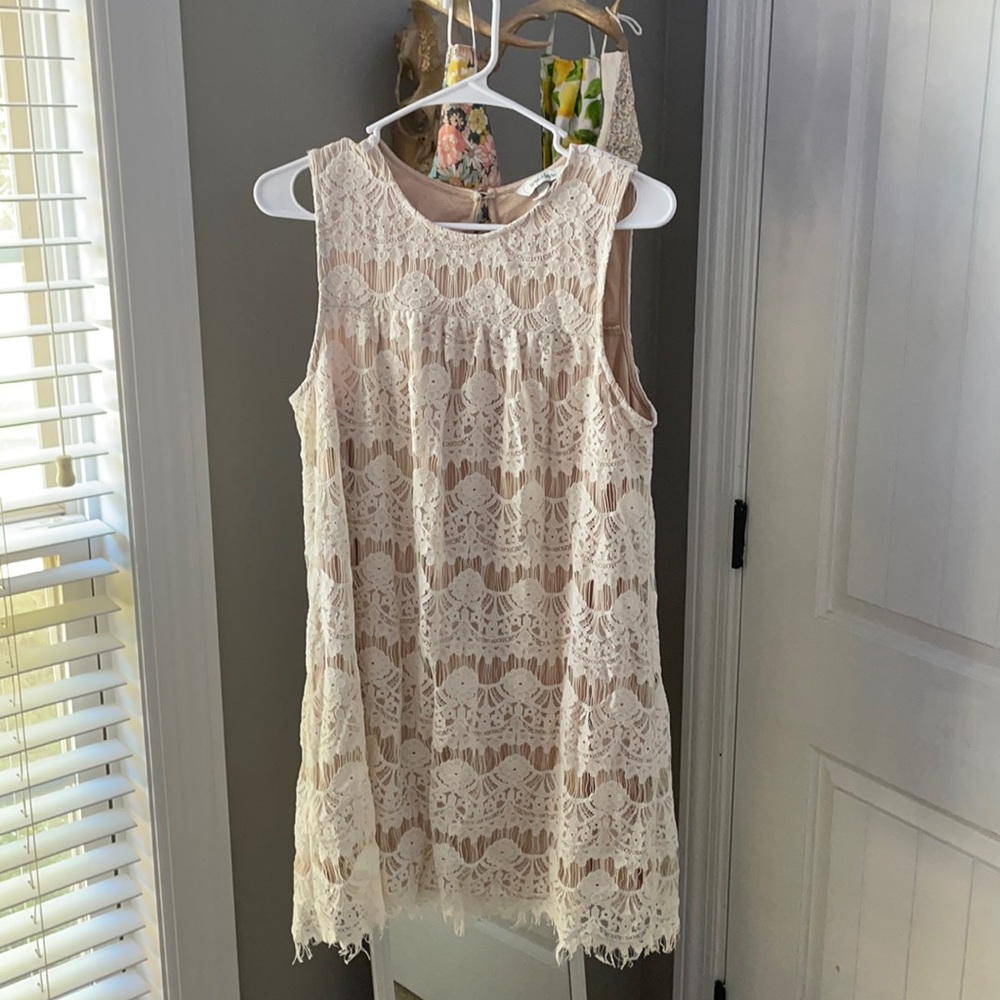 White and tan lace dress